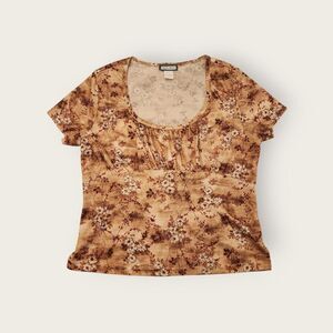 Vintage Y2k Aqua Blues tan floral print empire waist scoop neck milkmaid shirt